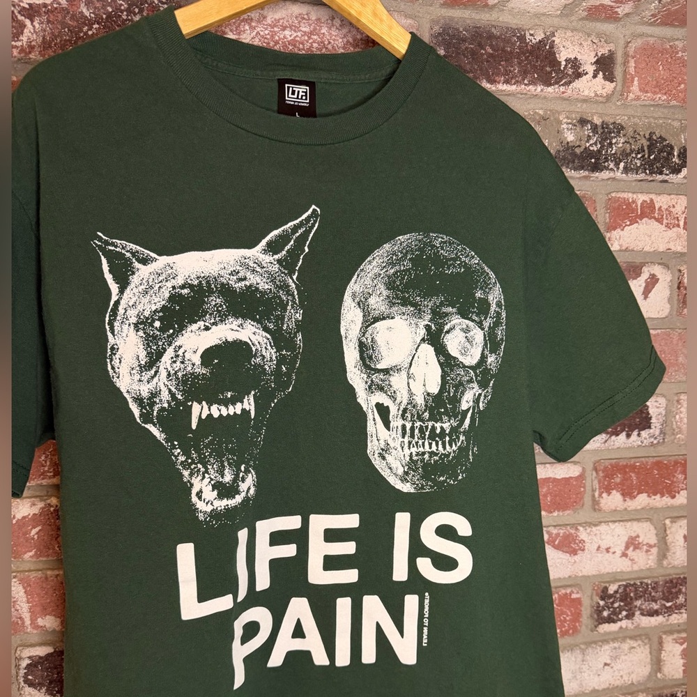 Life is Pain Learn to Forget, Angry Canine & Skull Logo Dark Green Short Sleeve.